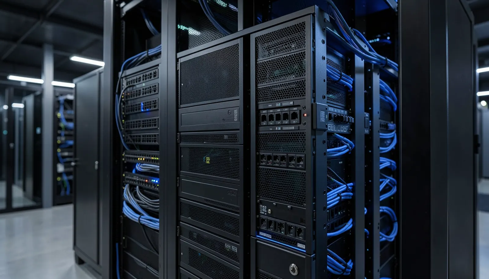 Professionell aufgebautes Serverrack mit Netzwerktechnik